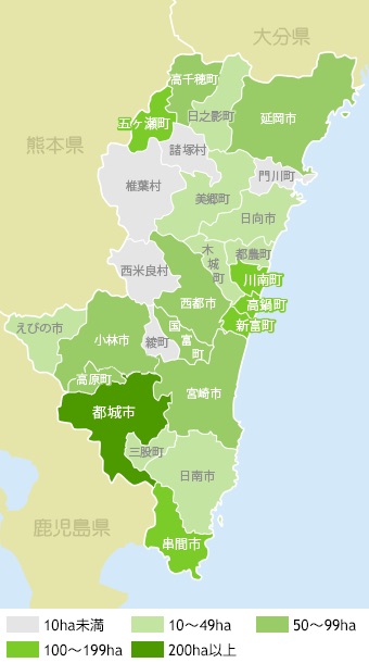 Teeanbauregionen in Miyazaki markiert nach Anbaufläche (ha)